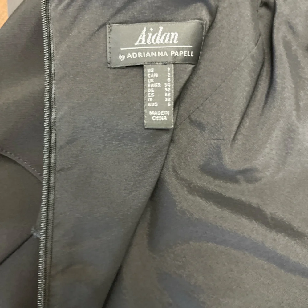 Aidan Adrianna Papell Crepe Popover Midi Black Fringe Hem Sheath Dress 2 LBD NWT - Picture 14 of 16